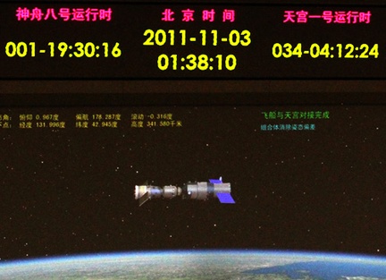 Das Docking von Shenzou 8 und Tiangong 1 am 2. November 2011 vom Kontrollraum aus gesehen