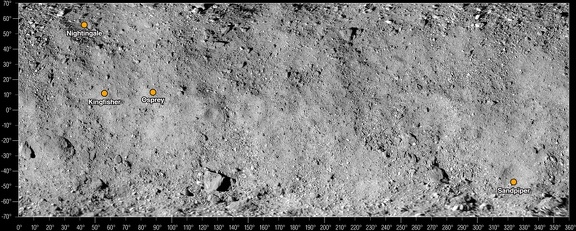 Der Asteroid Bennu mit den Probensammelstellen