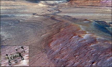 Dieser Rendering zeigt Curiosity am Gediz Vallis Ridge